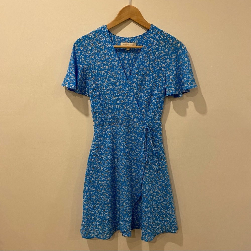 blue and white floral faux wrap dress